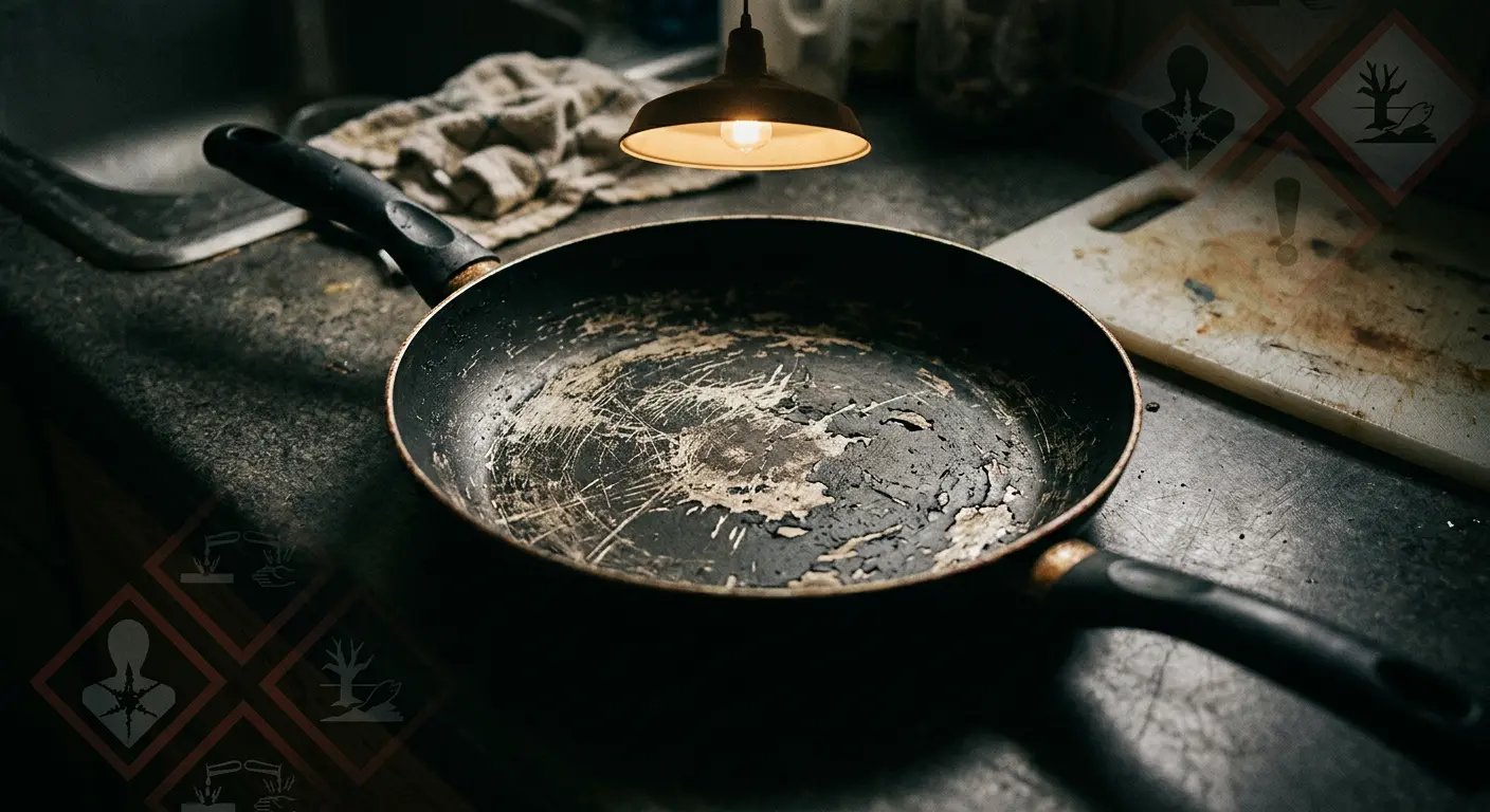 Scratched non-stick pan with warning