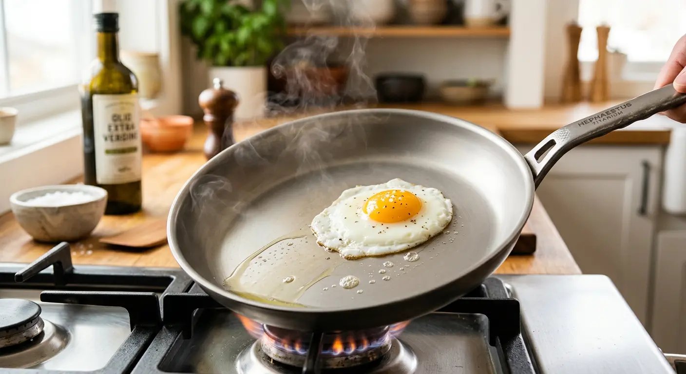 Egg cooking perfectly in titanium pan